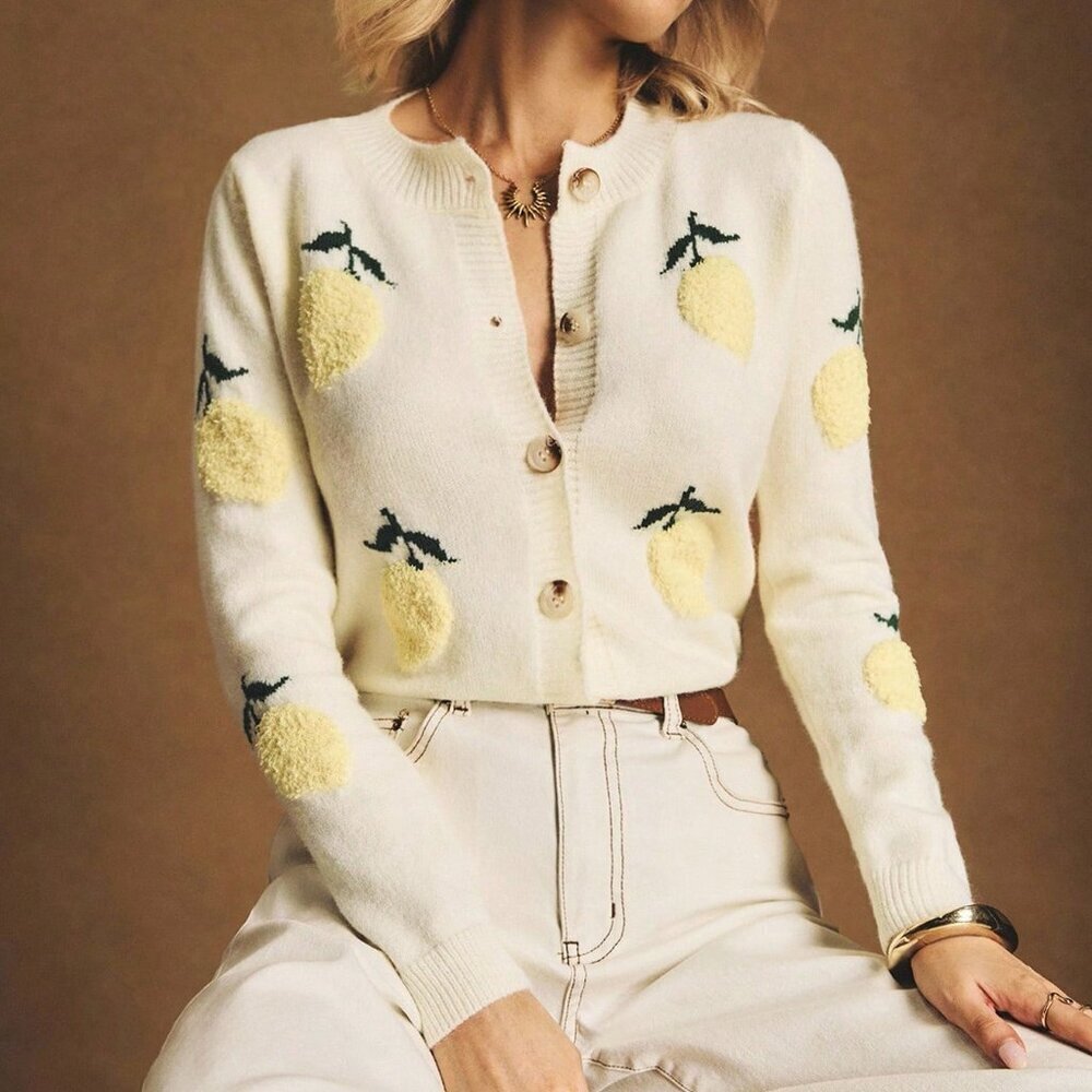 Beige Casual Women's Fruit Pattern Long Sleeve Single-Breasted Knit Cardigan